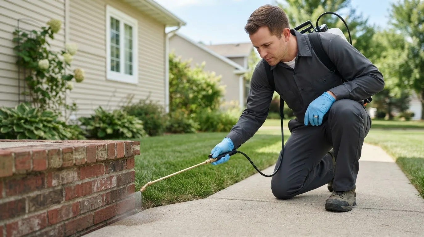 Pest control technician treating a home near Lake Arthur, LA